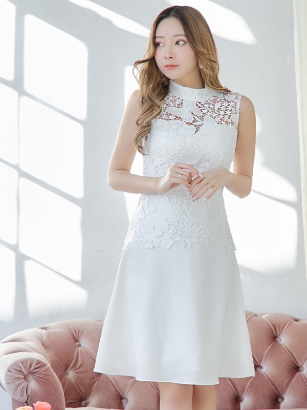 画像5: XS-Lサイズあり【SETTAN/セッタン】 バタフライ/ レース/ シンプル/ ワンカラー/ ハイネック/ ノースリーブ/ Aライン/ ワンピース/ ミニドレス/ キャバドレス[OF2] (5)