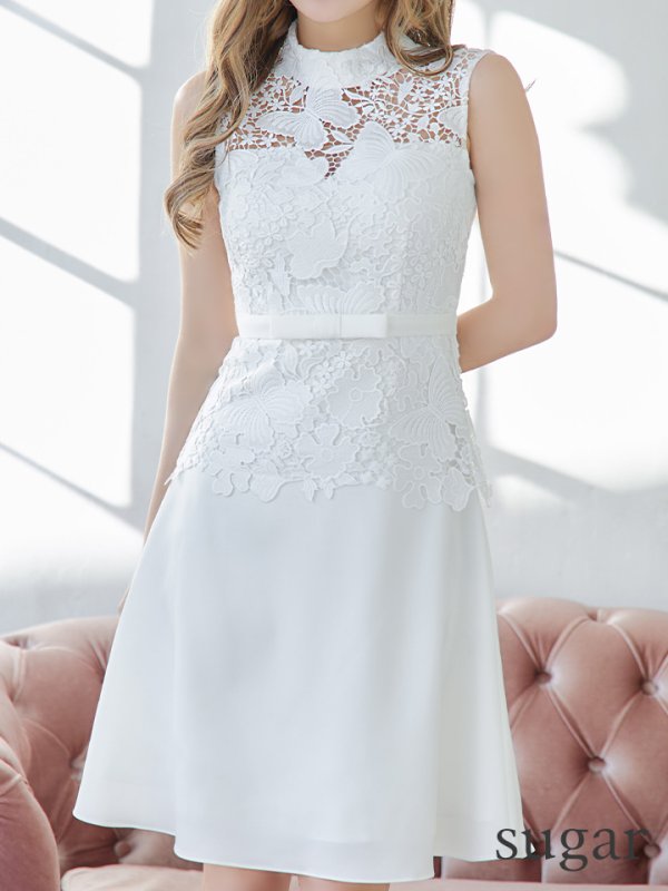 画像9: XS-Lサイズあり【SETTAN/セッタン】 バタフライ/ レース/ シンプル/ ワンカラー/ ハイネック/ ノースリーブ/ Aライン/ ワンピース/ ミニドレス/ キャバドレス[OF2] (9)