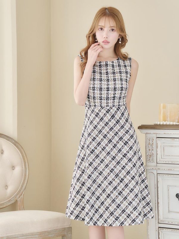 画像4: XS-Lサイズあり 【GINZA COUTURE/銀座クチュール】ツイード/ ノースリーブ/ Aライン/ フレア/ 膝丈/ ミディアムドレス/ キャバドレス[OF2] (4)