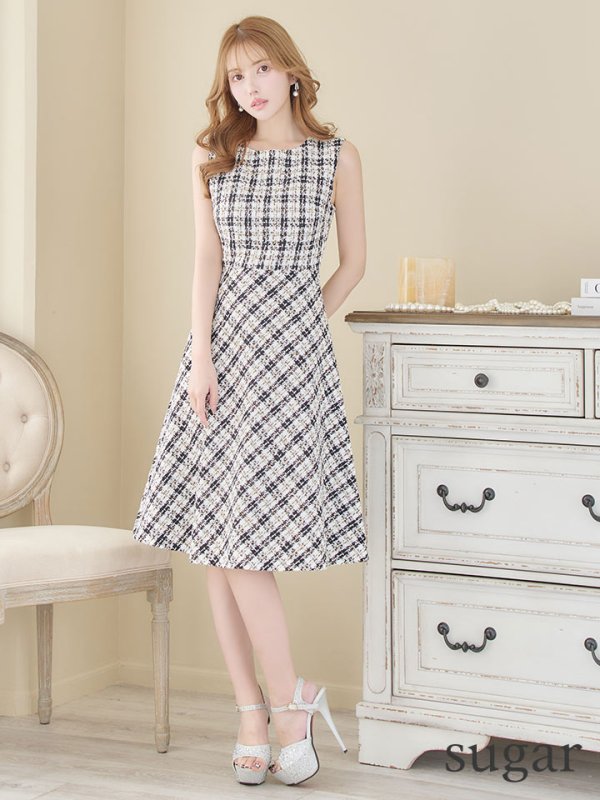 画像8: XS-Lサイズあり 【GINZA COUTURE/銀座クチュール】ツイード/ ノースリーブ/ Aライン/ フレア/ 膝丈/ ミディアムドレス/ キャバドレス[OF2] (8)