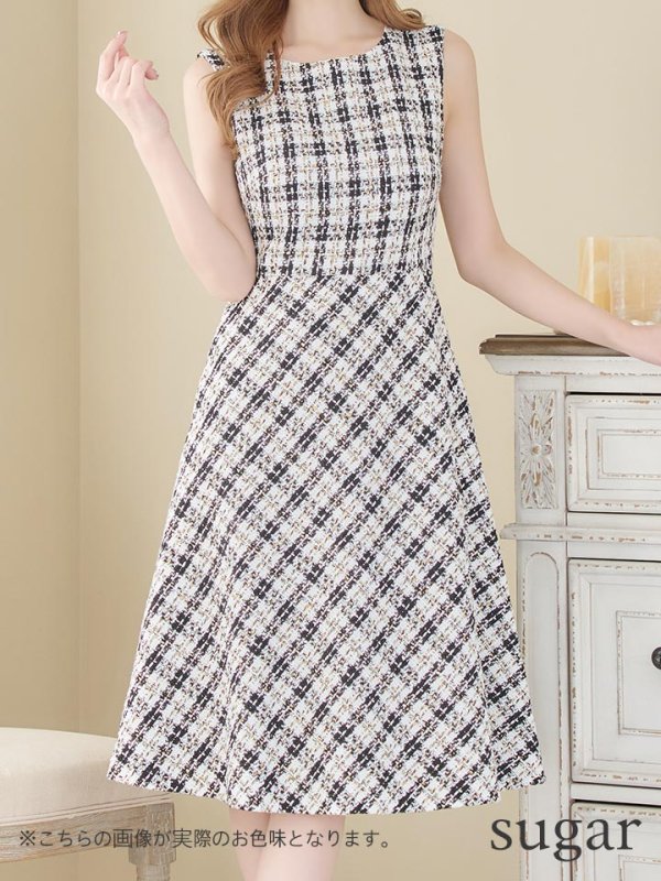 画像9: XS-Lサイズあり 【GINZA COUTURE/銀座クチュール】ツイード/ ノースリーブ/ Aライン/ フレア/ 膝丈/ ミディアムドレス/ キャバドレス[OF2] (9)