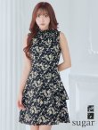 XS-Lサイズあり【GINZA COUTURE/銀座クチュール】プリント/ ハイネック/ ノースリーブ/ フリル/ Aライン/ ワンピース/ ミニドレス/ キャバドレス　ブラックxベージュ