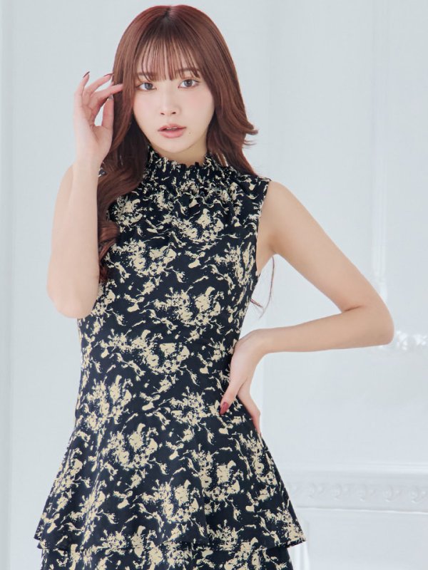 画像2: XS-Lサイズあり 【GINZA COUTURE/銀座クチュール】プリント/ ハイネック/ ノースリーブ/ フリル/ Aライン/ ワンピース/ ミニドレス/ キャバドレス[OF2] (2)