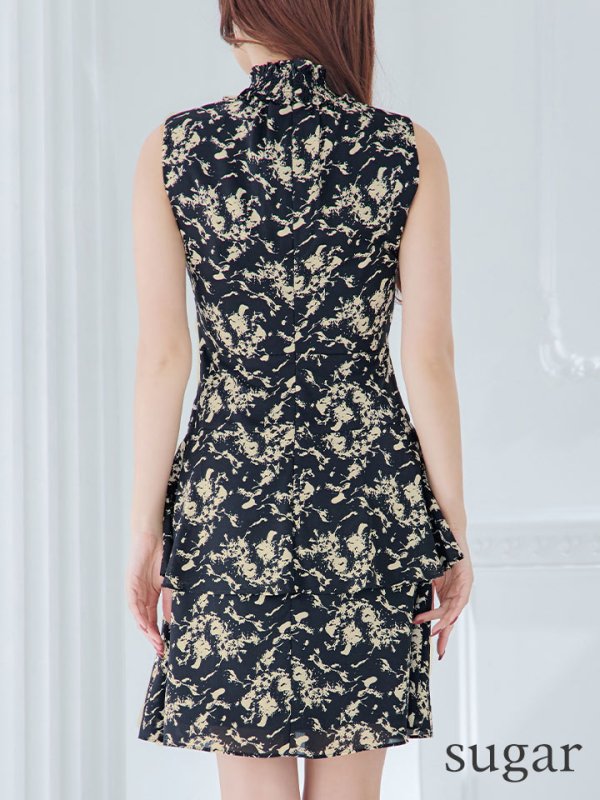 画像9: XS-Lサイズあり 【GINZA COUTURE/銀座クチュール】プリント/ ハイネック/ ノースリーブ/ フリル/ Aライン/ ワンピース/ ミニドレス/ キャバドレス[OF2] (9)