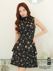 XS-Lサイズあり【GINZA COUTURE/銀座クチュール】プリント/ ハイネック/ ノースリーブ/ フリル/ Aライン/ ワンピース/ ミニドレス/ キャバドレス　ブラック