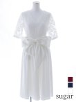XS-Lサイズあり【GINZA COUTURE/銀座クチュール】ワンカラー/ レース/ ウエストリボン/ 半袖/ 袖あり/ Aライン/ ミディアム丈/ ワンピース/ キャバドレス　ホワイト