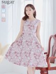 XS-Lサイズあり【GINZA COUTURE/銀座クチュール】フラワープリント/ ノースリーブ/ ハイウエスト/ Aライン/ ミディアム丈/ 膝丈/ フレア/ ワンピース / キャバドレス　ピンクxシルバー