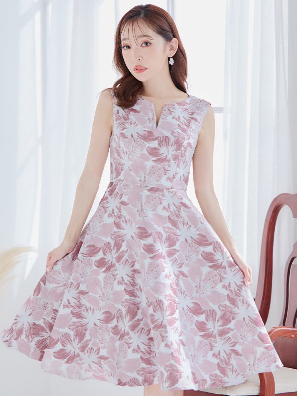 画像5: XS-Lサイズあり 【GINZA COUTURE/銀座クチュール】フラワープリント/ ノースリーブ/ ハイウエスト/ Aライン/ ミディアム丈/ 膝丈/ フレア/ ワンピース / キャバドレス[OF2] (5)