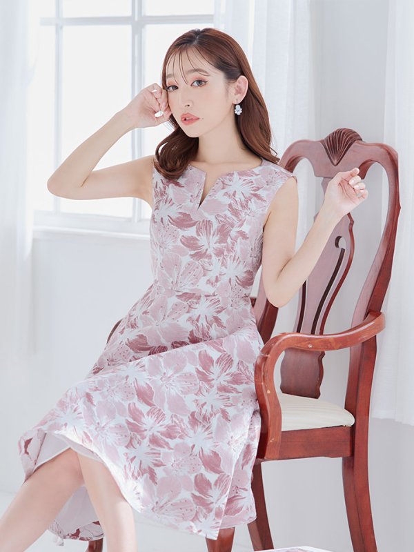 画像6: XS-Lサイズあり 【GINZA COUTURE/銀座クチュール】フラワープリント/ ノースリーブ/ ハイウエスト/ Aライン/ ミディアム丈/ 膝丈/ フレア/ ワンピース / キャバドレス[OF2] (6)