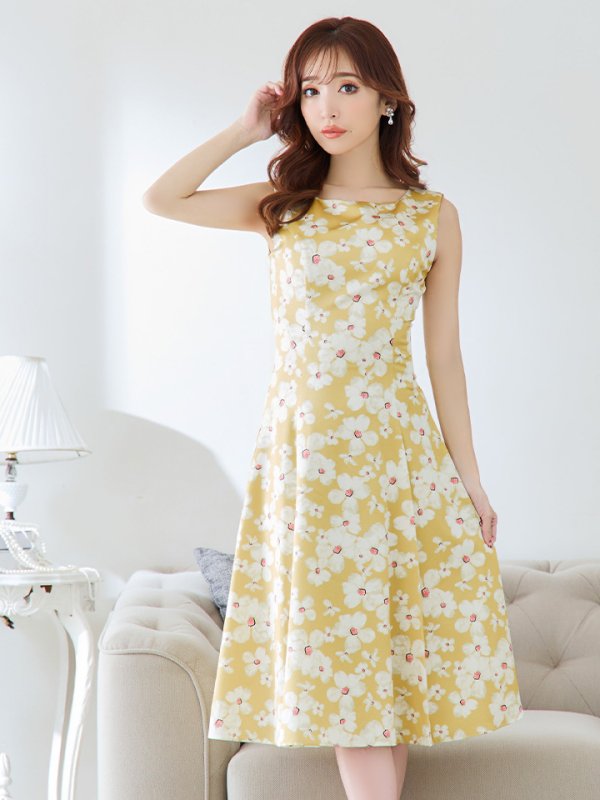 画像5: 【XSサイズあり】 【GINZA COUTURE/銀座クチュール】ワンピース/ フラワープリント/ ノースリーブ/ Aライン/ フレア/ ミモレ丈/ ミディアムドレス/ キャバドレス[OF2] (5)