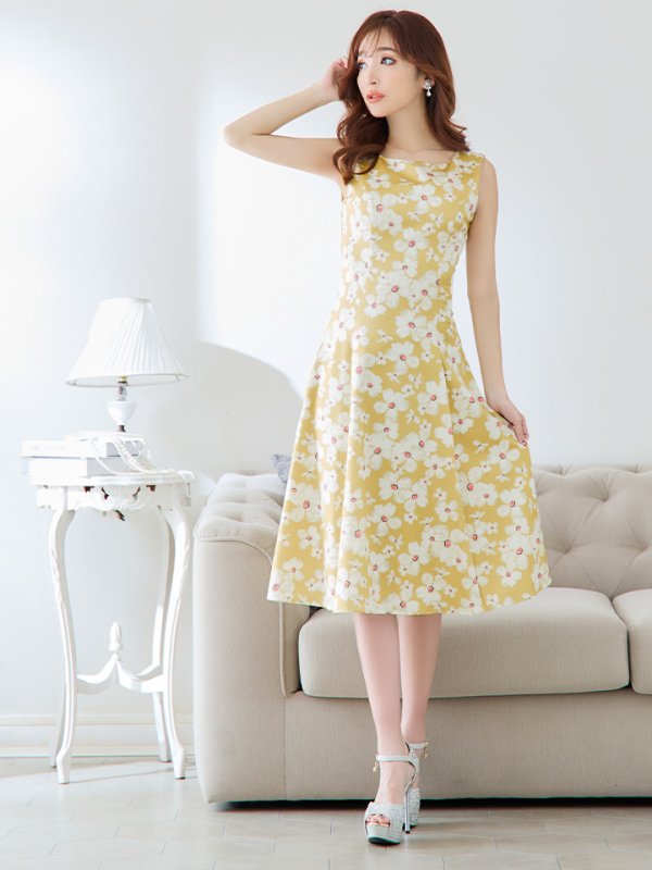 画像7: 【XSサイズあり】 【GINZA COUTURE/銀座クチュール】ワンピース/ フラワープリント/ ノースリーブ/ Aライン/ フレア/ ミモレ丈/ ミディアムドレス/ キャバドレス[OF2] (7)