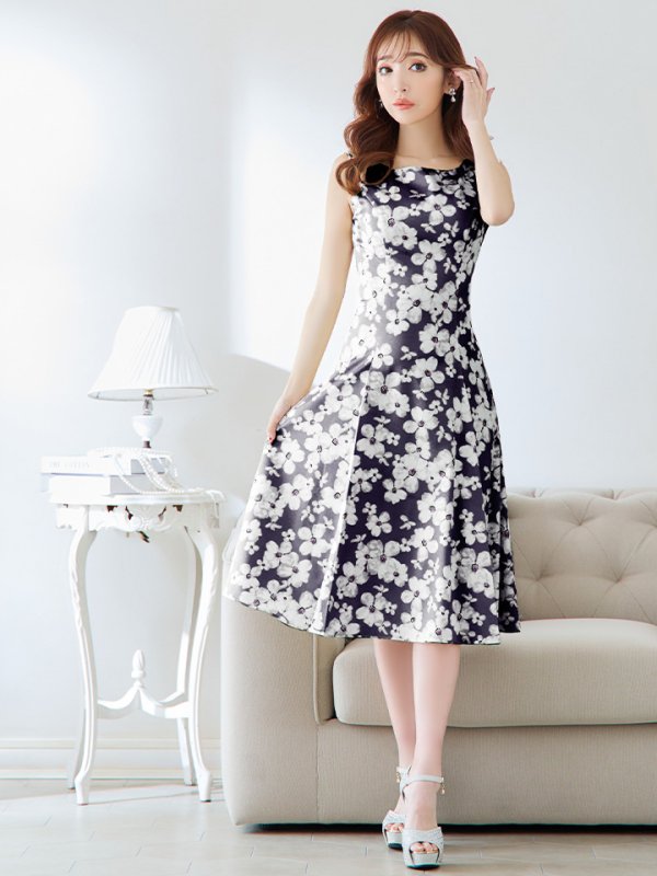 画像2: 【XSサイズあり】 【GINZA COUTURE/銀座クチュール】ワンピース/ フラワープリント/ ノースリーブ/ Aライン/ フレア/ ミモレ丈/ ミディアムドレス/ キャバドレス[OF2] (2)