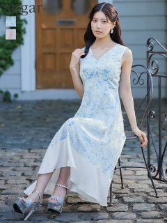 【GINZA COUTURE/銀座クチュール】ペイズリープリント/ Vネック/ ノースリーブ/ ミモレ丈/ フレア/ Aライン/ ワンピース/ ミディアムドレス/ キャバドレス