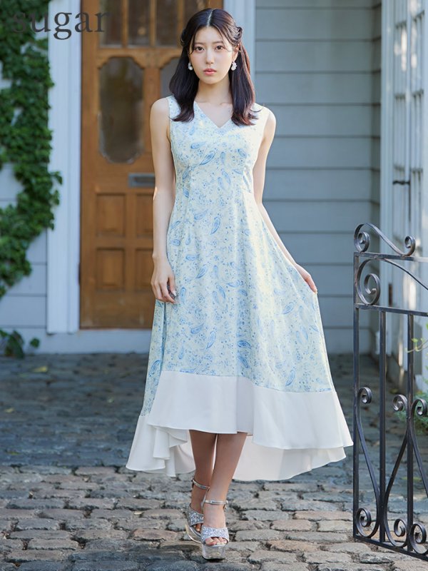 画像8: XS-Lサイズあり 【GINZA COUTURE/銀座クチュール】ペイズリープリント/ Vネック/ ノースリーブ/ ミモレ丈/ フレア/ Aライン/ ワンピース/ ミディアムドレス/ キャバドレス[OF2] (8)