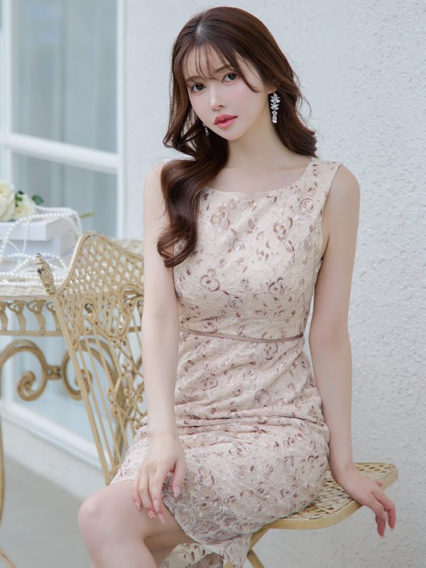 画像2: XS-Lサイズあり 【GINZA COUTURE/銀座クチュール】レース/ シアー/ ノースリーブ/ タイト/ ワンピース/ ミディアムドレス/ キャバドレス[OF2] (2)