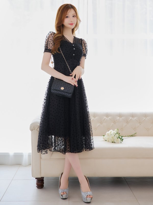 画像2: XS-Lサイズあり 【GINZA COUTURE/銀座クチュール】ハートドット/ チュール/ パフスリーブ/ 袖あり/ Aライン/ 膝丈/ ワンピース/ ミディアムドレス/ キャバドレス[OF2] (2)