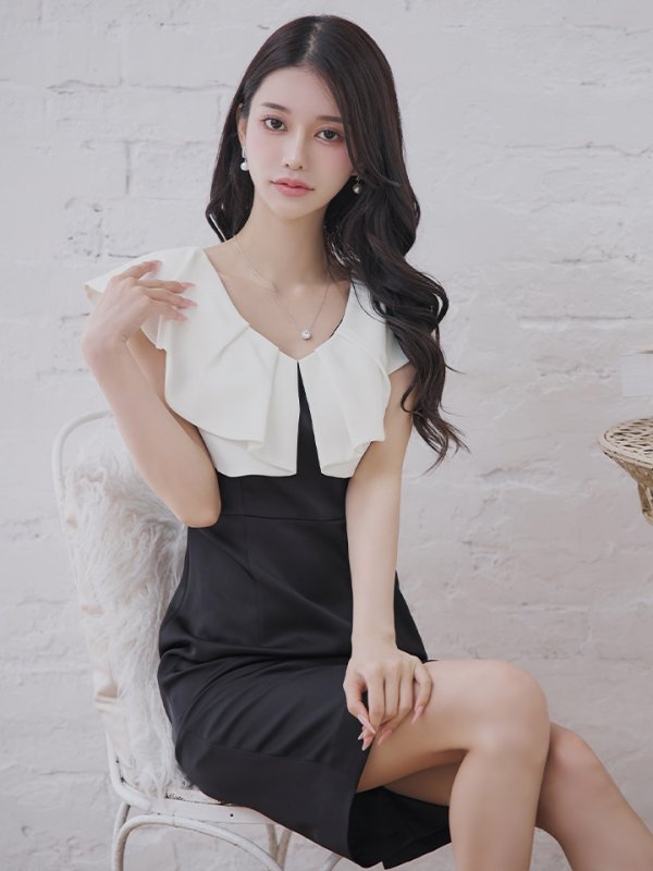 画像3: XS-Lサイズあり 【GINZA COUTURE/銀座クチュール】バイカラー/ フリル/ ノースリーブ/ タイト/ 膝丈/ ミディアムドレス/ キャバドレス[OF2] (3)