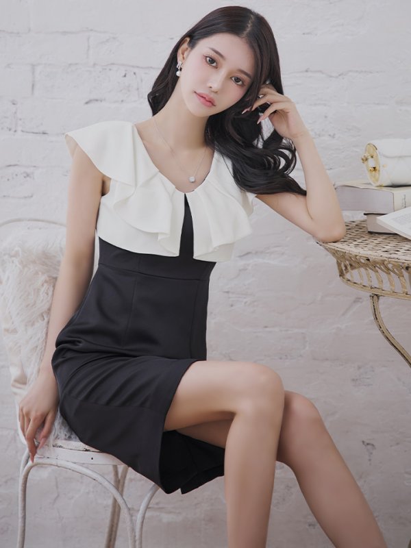 画像5: XS-Lサイズあり 【GINZA COUTURE/銀座クチュール】バイカラー/ フリル/ ノースリーブ/ タイト/ 膝丈/ ミディアムドレス/ キャバドレス[OF2] (5)