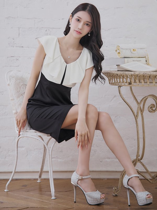 画像6: XS-Lサイズあり 【GINZA COUTURE/銀座クチュール】バイカラー/ フリル/ ノースリーブ/ タイト/ 膝丈/ ミディアムドレス/ キャバドレス[OF2] (6)