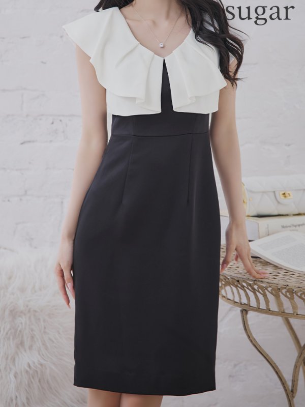 画像8: XS-Lサイズあり 【GINZA COUTURE/銀座クチュール】バイカラー/ フリル/ ノースリーブ/ タイト/ 膝丈/ ミディアムドレス/ キャバドレス[OF2] (8)