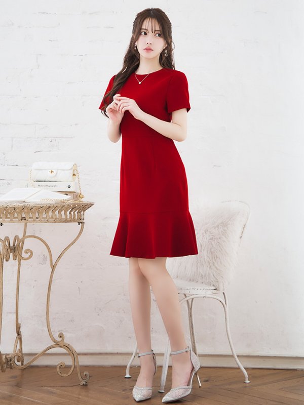 画像2: XS-Lサイズあり 【GINZA COUTURE/銀座クチュール】マーメイド/裾フリル/半袖/ フレア/ 膝丈/ワンピース/ ミディアムドレス/ キャバドレス[OF2] (2)