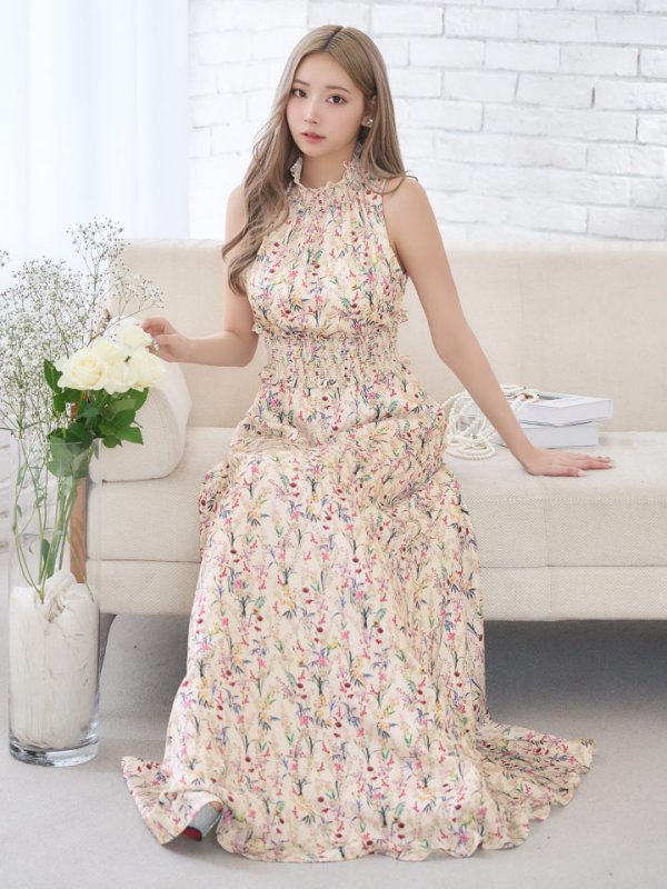 GINZA COUTURE 花柄ノースリーブロングドレス GINZA COUTURE/銀座クチュール】フラワープリント/ ハイネック