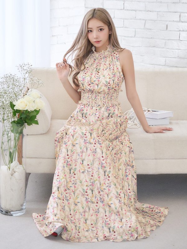 画像3: 【GINZA COUTURE/銀座クチュール】フラワープリント/ ハイネック/ ノースリーブ/ Aライン/ ロングドレス / キャバドレス long[OF2] (3)