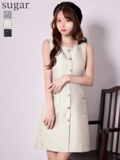 【GINZA COUTURE/銀座クチュール】ツイード/ スパンコール/ ボタン/ ノースリーブ/ Aライン/ 膝丈/ ワンピース/ ミディアムドレス/ キャバドレス