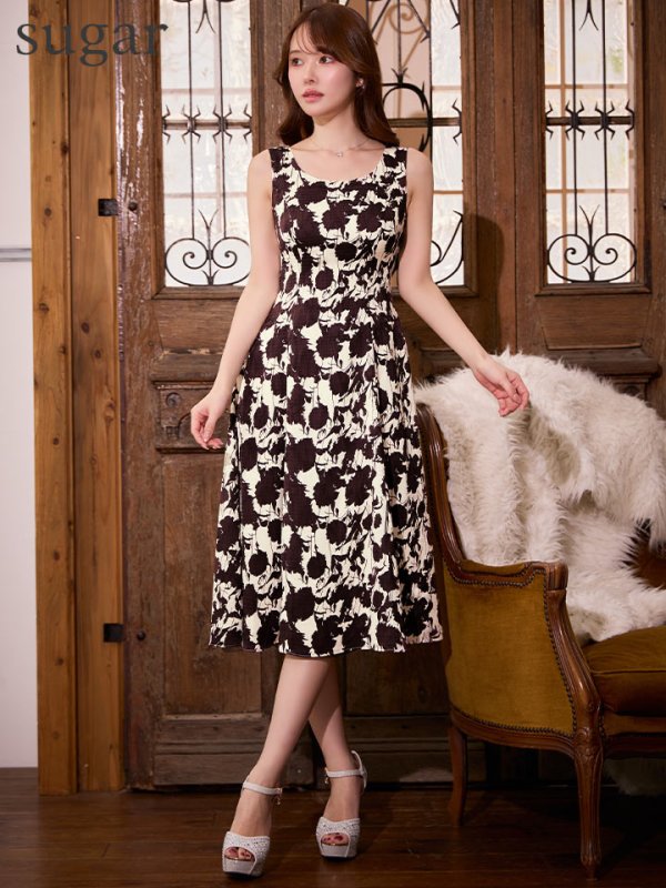 画像7: XS-Lサイズあり【GINZA COUTURE/銀座クチュール】フラワープリント/ バイカラー/ ノースリーブ/ Aライン/ 膝丈/ フレア/ ワンピース/ ミディアムドレス/ キャバドレス[OF2] (7)