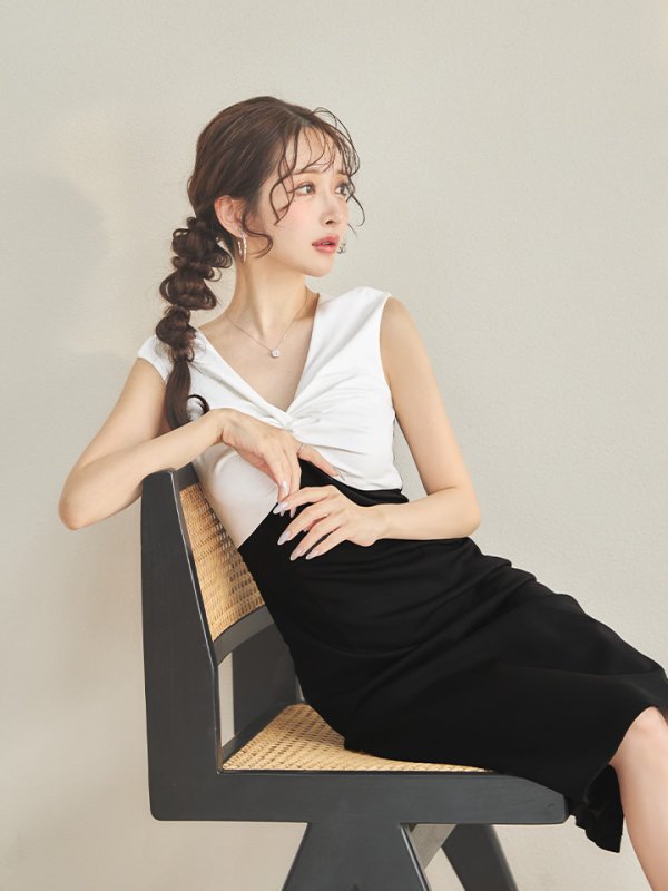画像3: XS-Lサイズあり 【GINZA COUTURE/銀座クチュール】バイカラー/ バストギャザー/ Vネック/ バックスリット/ ストレッチ/ シンプル/ ノースリーブ/ タイト/ 膝丈/ ミディアムドレス/ キャバドレス[OF2] (3)