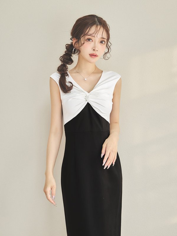 画像4: XS-Lサイズあり 【GINZA COUTURE/銀座クチュール】バイカラー/ バストギャザー/ Vネック/ バックスリット/ ストレッチ/ シンプル/ ノースリーブ/ タイト/ 膝丈/ ミディアムドレス/ キャバドレス[OF2] (4)