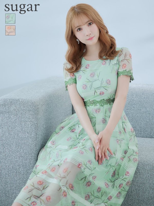 【GINZA COUTURE/銀座クチュール】フラワープリント/ 半袖/ 袖あり/ Aライン/ フレア/ ミモレ丈/ ワンピース/ ミディアムドレス/ キャバドレス　グリーン