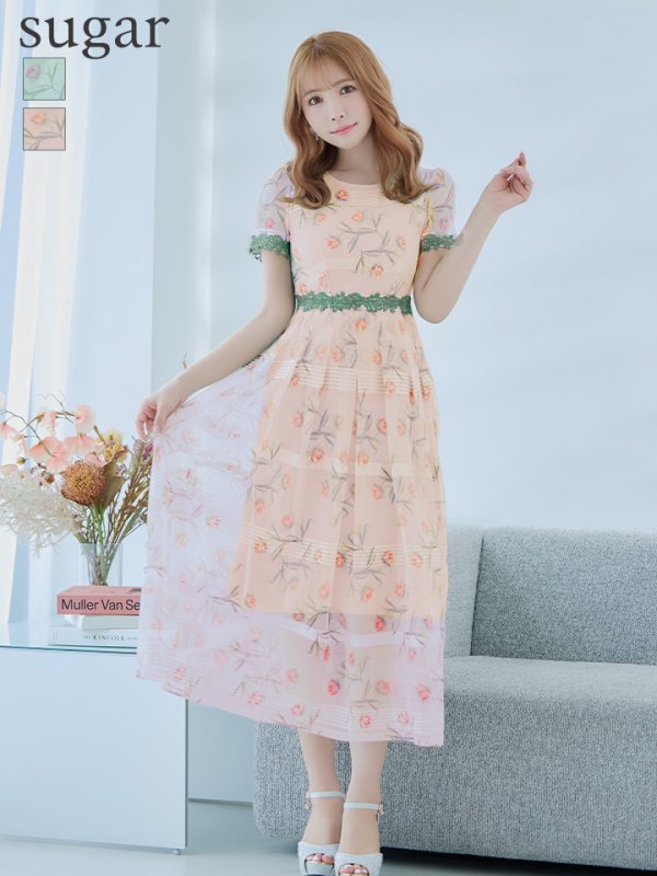 【GINZA COUTURE/銀座クチュール】フラワープリント/ 半袖/ 袖あり/ Aライン/ フレア/ ミモレ丈/ ワンピース/ ミディアムドレス/ キャバドレス ピンク