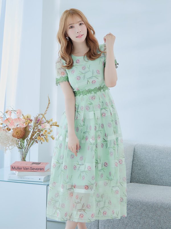 画像5: 【GINZA COUTURE/銀座クチュール】フラワープリント/ 半袖/ 袖あり/ Aライン/ フレア/ ミモレ丈/ ワンピース/ ミディアムドレス/ キャバドレス[OF2] (5)