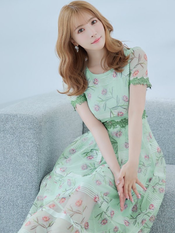 画像6: 【GINZA COUTURE/銀座クチュール】フラワープリント/ 半袖/ 袖あり/ Aライン/ フレア/ ミモレ丈/ ワンピース/ ミディアムドレス/ キャバドレス[OF2] (6)