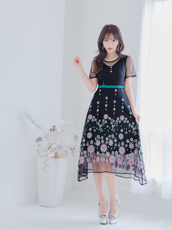 画像2: Lサイズあり 【GINZA COUTURE/銀座クチュール】 デザイン刺繍/ ドットレース/ 半袖/ 袖あり/ Aライン/ ミディアム丈/ 膝丈/ フレア/ワンピース / キャバドレス[OF2] (2)