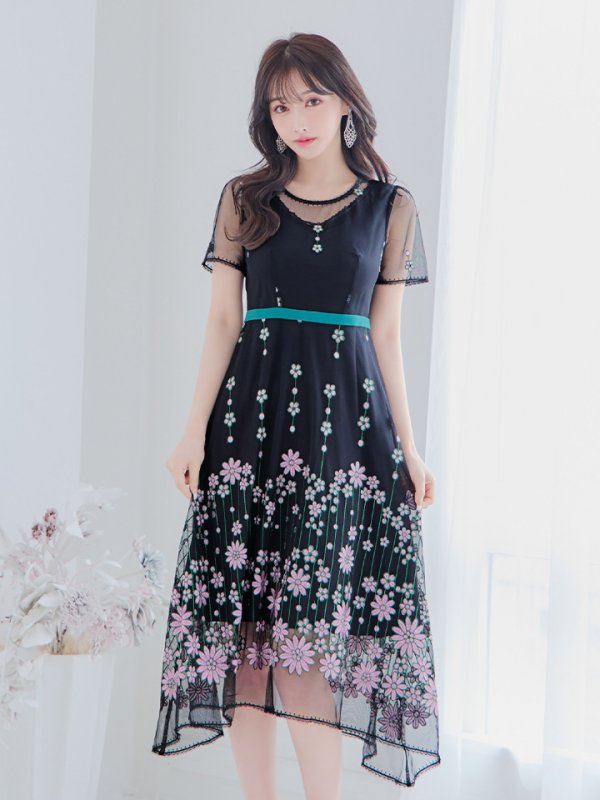 画像4: Lサイズあり 【GINZA COUTURE/銀座クチュール】 デザイン刺繍/ ドットレース/ 半袖/ 袖あり/ Aライン/ ミディアム丈/ 膝丈/ フレア/ワンピース / キャバドレス[OF2] (4)