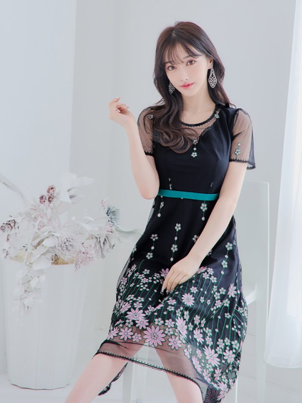 画像5: Lサイズあり 【GINZA COUTURE/銀座クチュール】 デザイン刺繍/ ドットレース/ 半袖/ 袖あり/ Aライン/ ミディアム丈/ 膝丈/ フレア/ワンピース / キャバドレス[OF2] (5)