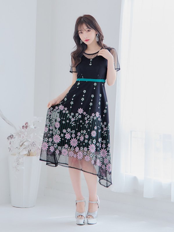 画像6: Lサイズあり 【GINZA COUTURE/銀座クチュール】 デザイン刺繍/ ドットレース/ 半袖/ 袖あり/ Aライン/ ミディアム丈/ 膝丈/ フレア/ワンピース / キャバドレス[OF2] (6)