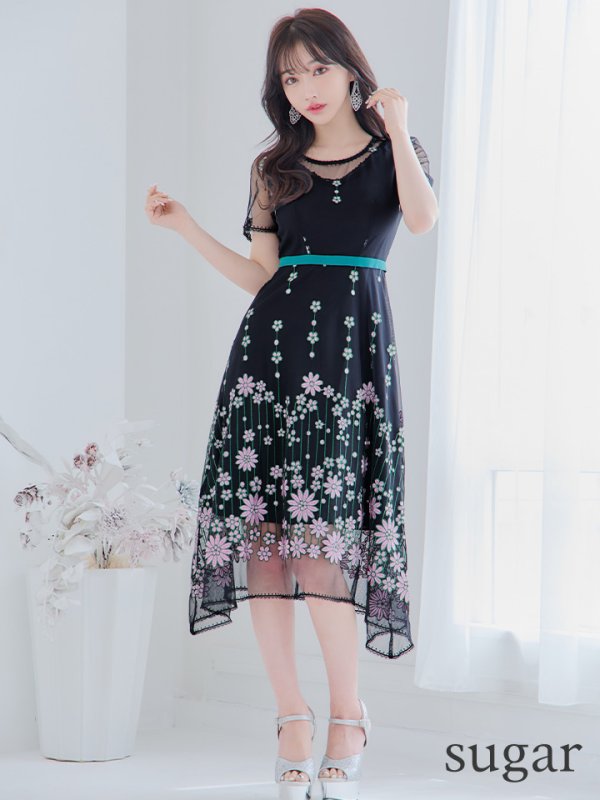 画像7: Lサイズあり 【GINZA COUTURE/銀座クチュール】 デザイン刺繍/ ドットレース/ 半袖/ 袖あり/ Aライン/ ミディアム丈/ 膝丈/ フレア/ワンピース / キャバドレス[OF2] (7)