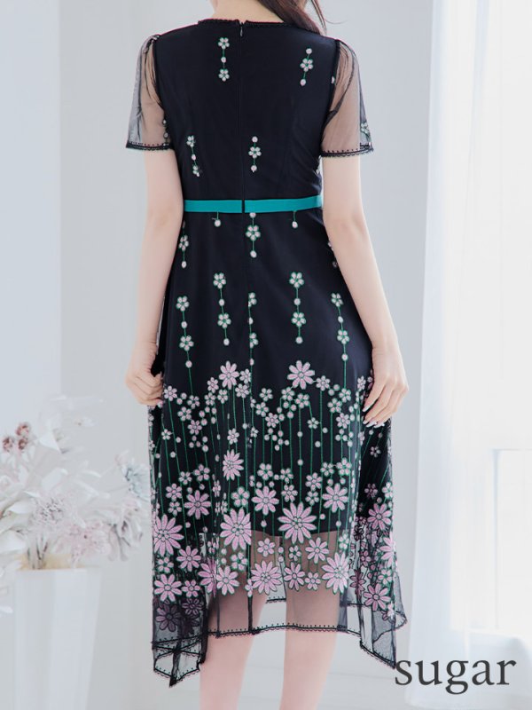 画像9: Lサイズあり 【GINZA COUTURE/銀座クチュール】 デザイン刺繍/ ドットレース/ 半袖/ 袖あり/ Aライン/ ミディアム丈/ 膝丈/ フレア/ワンピース / キャバドレス[OF2] (9)