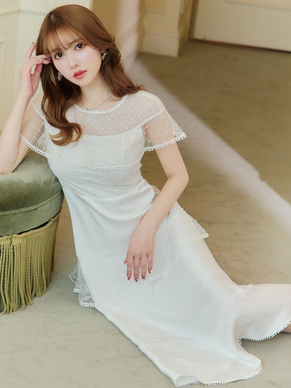 画像16: 【GINZA COUTURE/銀座クチュール】ドットレース/ 刺繍レース/ シアー/ ケープ/ ボレロ/ ドッキング/ フレア/ ミモレ丈/ ワンピース/ ミディアムドレス/ キャバドレス[OF2] (16)