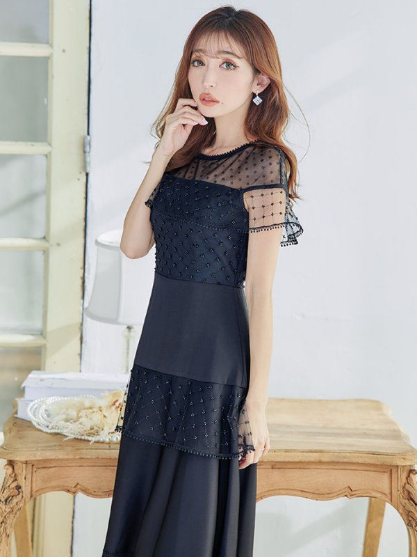 画像2: 【GINZA COUTURE/銀座クチュール】ドットレース/ 刺繍レース/ シアー/ ケープ/ ボレロ/ ドッキング/ フレア/ ミモレ丈/ ワンピース/ ミディアムドレス/ キャバドレス[OF2] (2)