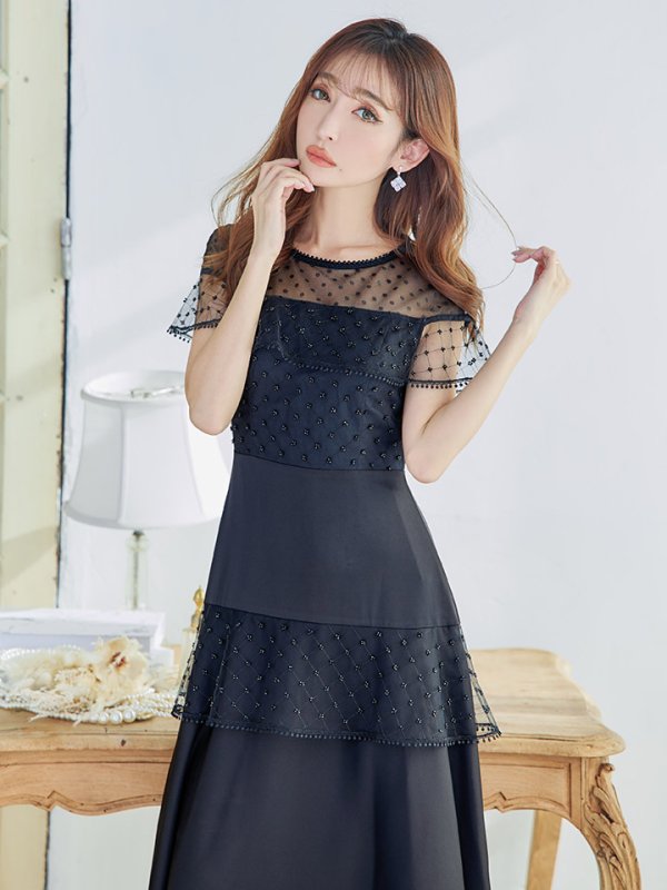 画像4: 【GINZA COUTURE/銀座クチュール】ドットレース/ 刺繍レース/ シアー/ ケープ/ ボレロ/ ドッキング/ フレア/ ミモレ丈/ ワンピース/ ミディアムドレス/ キャバドレス[OF2] (4)