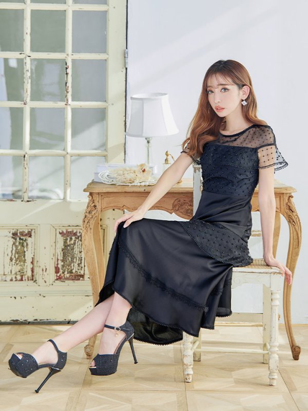 画像5: 【GINZA COUTURE/銀座クチュール】ドットレース/ 刺繍レース/ シアー/ ケープ/ ボレロ/ ドッキング/ フレア/ ミモレ丈/ ワンピース/ ミディアムドレス/ キャバドレス[OF2] (5)