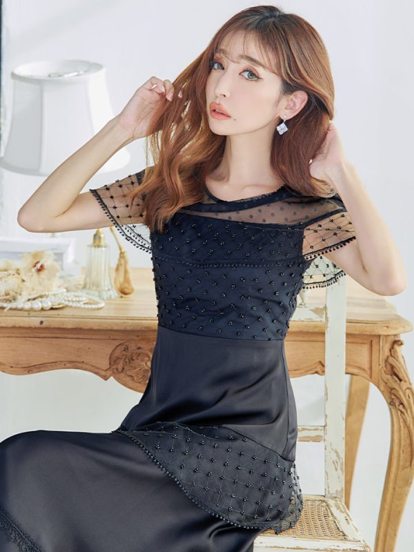 画像6: 【GINZA COUTURE/銀座クチュール】ドットレース/ 刺繍レース/ シアー/ ケープ/ ボレロ/ ドッキング/ フレア/ ミモレ丈/ ワンピース/ ミディアムドレス/ キャバドレス[OF2] (6)