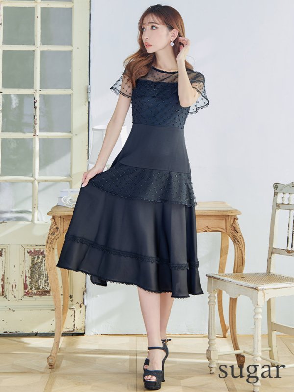 画像7: 【GINZA COUTURE/銀座クチュール】ドットレース/ 刺繍レース/ シアー/ ケープ/ ボレロ/ ドッキング/ フレア/ ミモレ丈/ ワンピース/ ミディアムドレス/ キャバドレス[OF2] (7)