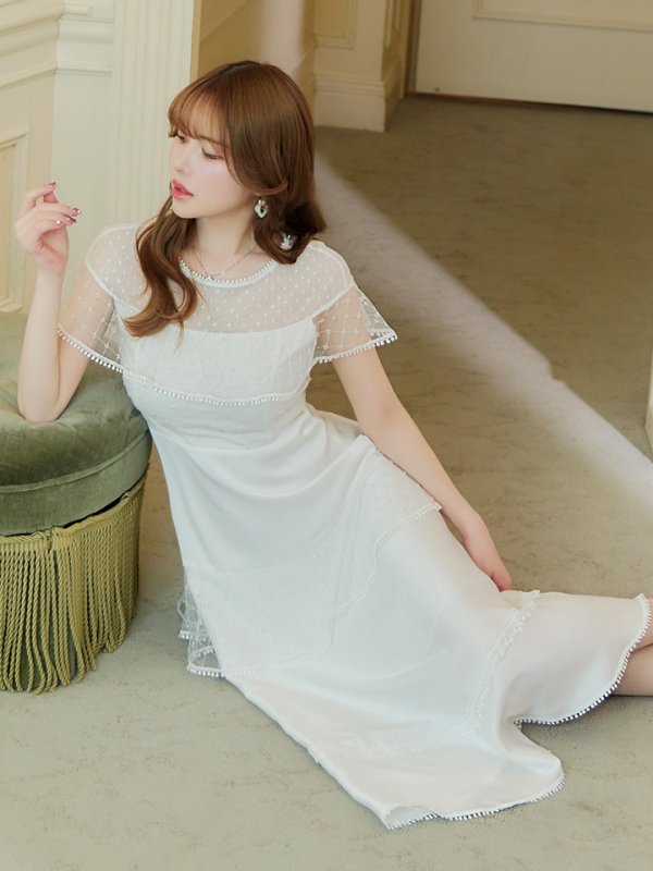 画像18: 【GINZA COUTURE/銀座クチュール】ドットレース/ 刺繍レース/ シアー/ ケープ/ ボレロ/ ドッキング/ フレア/ ミモレ丈/ ワンピース/ ミディアムドレス/ キャバドレス[OF2] (18)