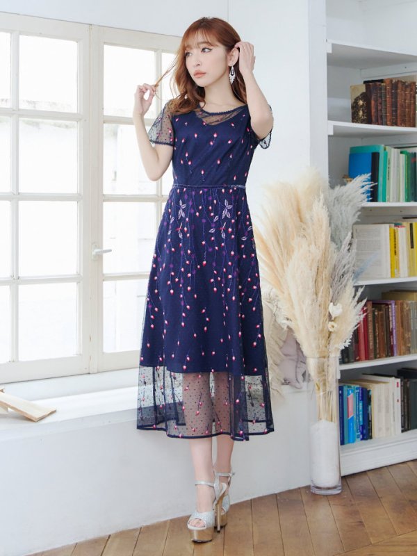 画像2: Lサイズあり 【GINZA COUTURE/銀座クチュール】 デザイン刺繍/ ドットレース/ 半袖/ 袖あり/ Aライン/ ミディアム丈/ 膝丈/ フレア/ワンピース / キャバドレス[OF2] (2)