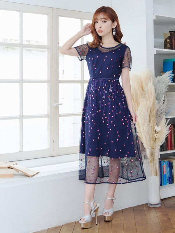 画像3: Lサイズあり 【GINZA COUTURE/銀座クチュール】 デザイン刺繍/ ドットレース/ 半袖/ 袖あり/ Aライン/ ミディアム丈/ 膝丈/ フレア/ワンピース / キャバドレス[OF2] (3)